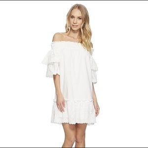 J.O.A OFF THE SHOULDER DRESS RUFFLES WHITE TIERED EYELET COTTON SUMMER